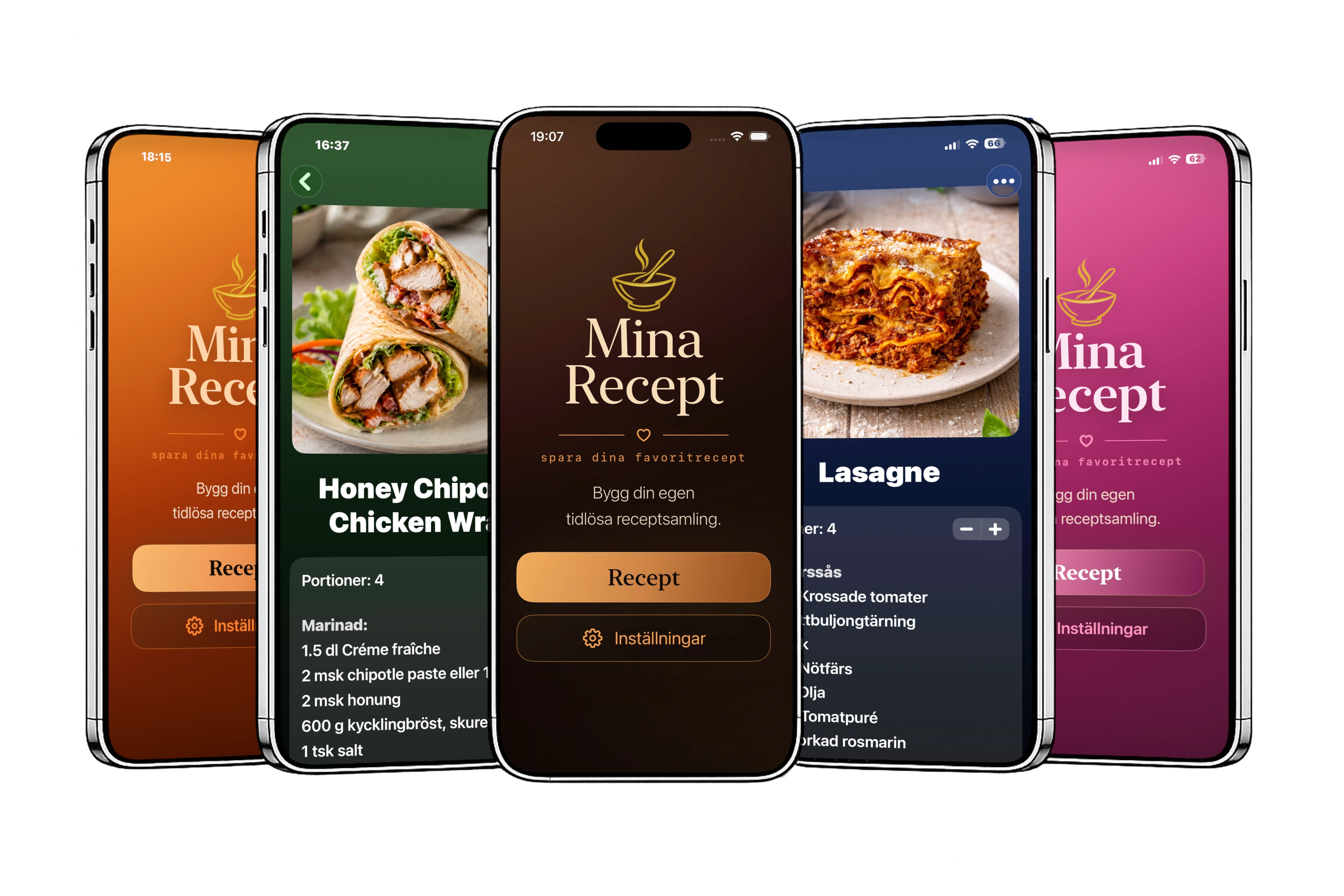 Fem iPhones med appen Min Receptsamling i olika färgteman